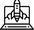 black and white icon for laptop with rocket launching out of it