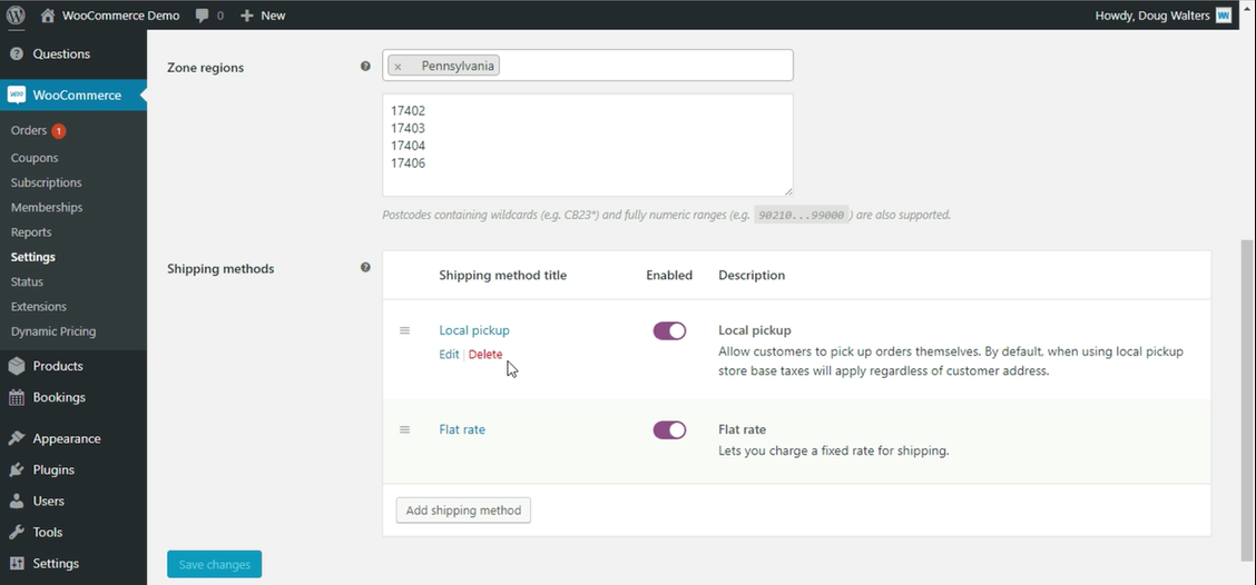 WooCommerce Local Pickup Delete Hover