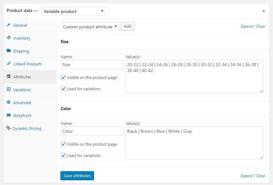 Product Attributes Variable Product Woo