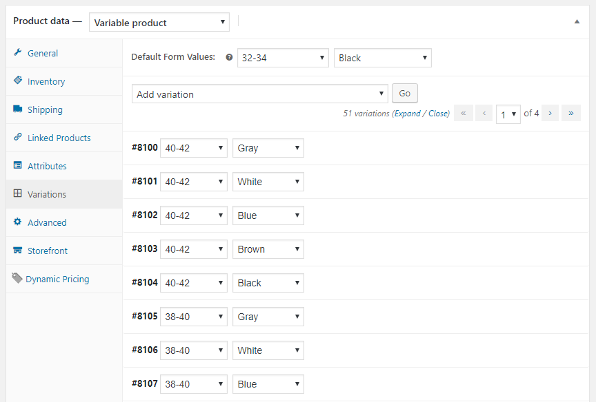 Variable Product Variations Default Form Values