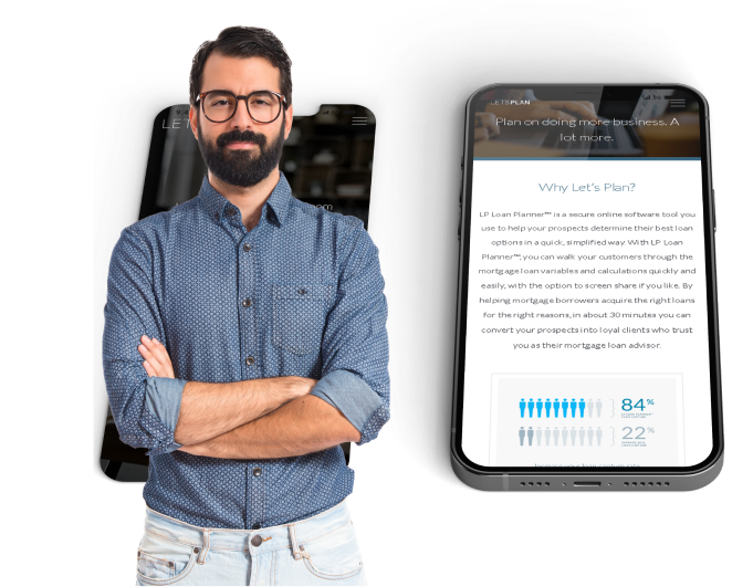 image of man in front of two iphones showing lets plan website