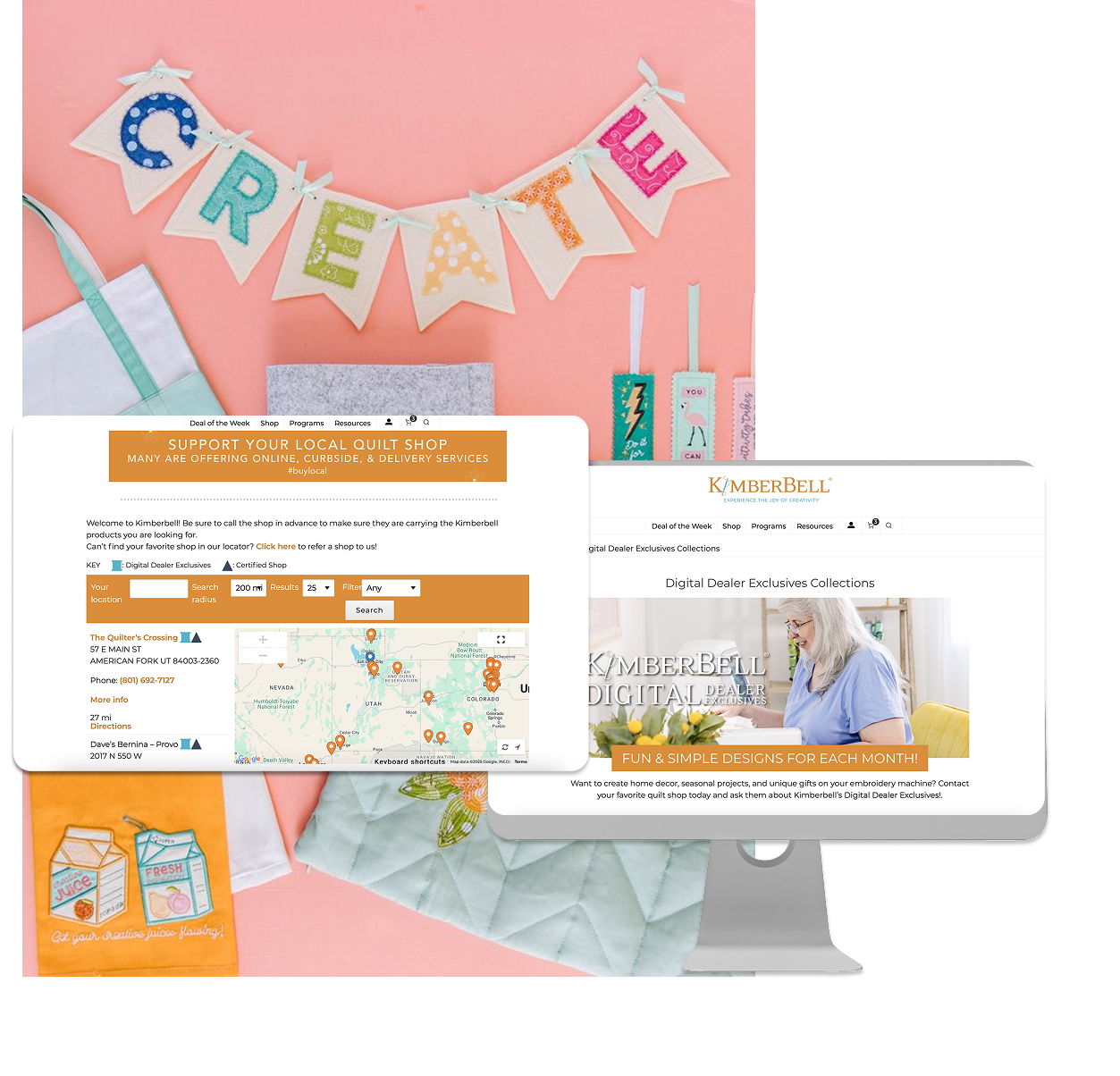 image of computer screens showing kimberbell store locator and a background showing "create"