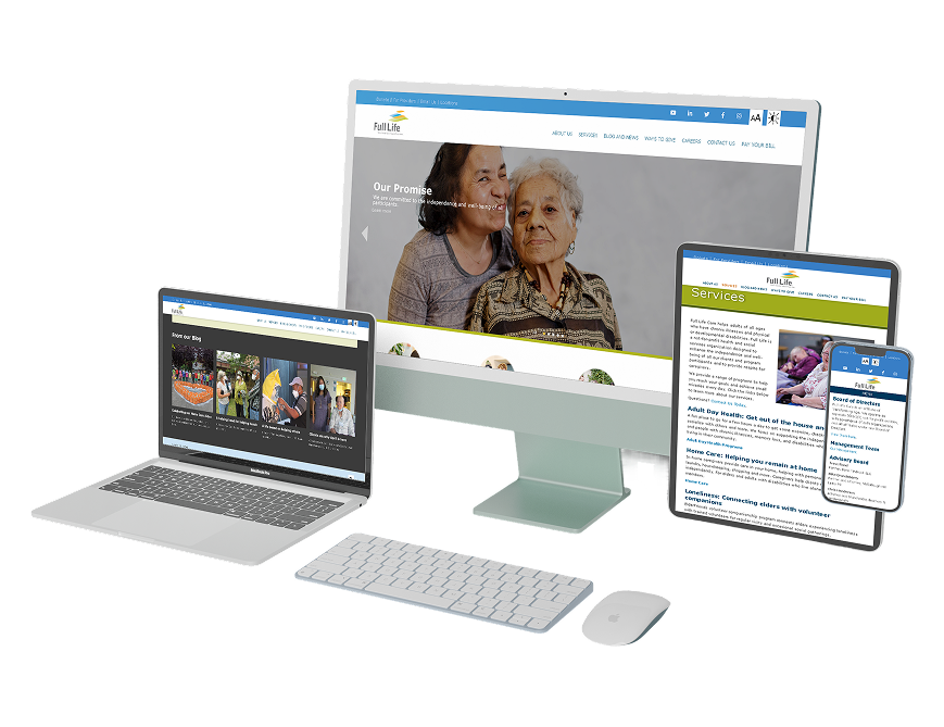 photo of computer, laptop, tablet, and phone, showing fullifecare.com website