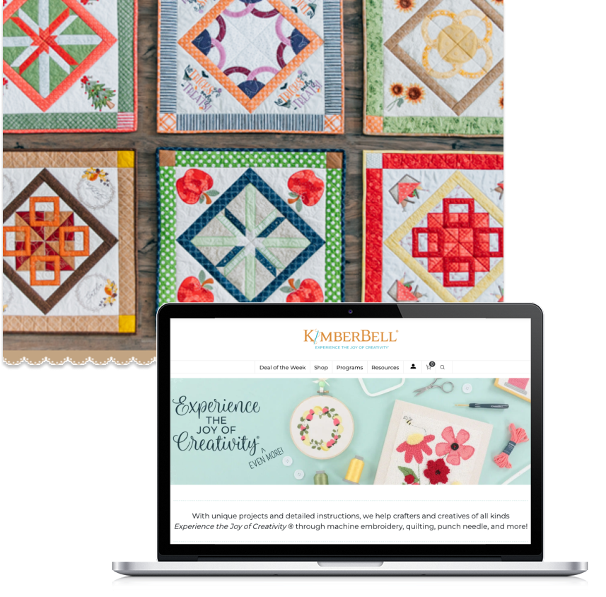 kimberbell site on laptop and quilt image behind it 