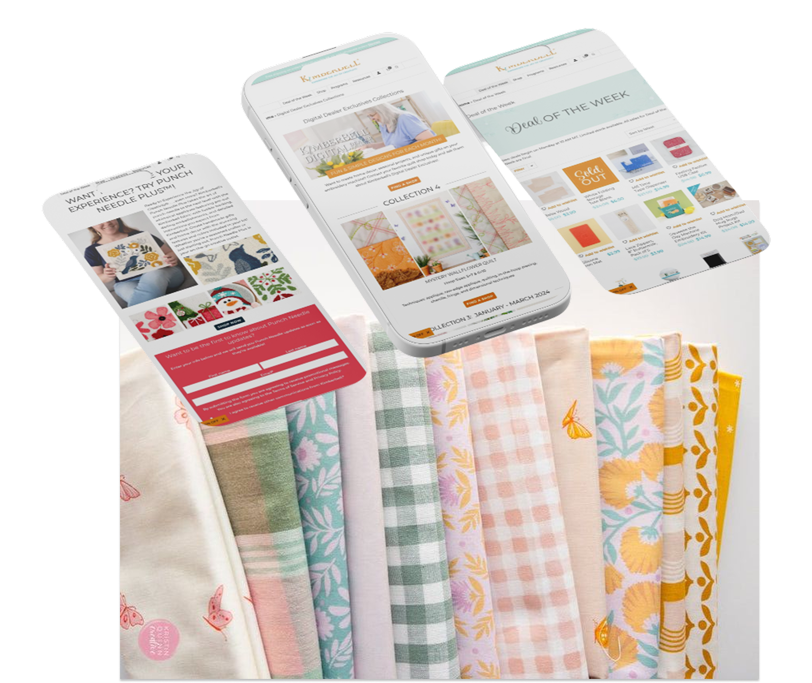 image of three iphones showing kimberbell website with background of fabric