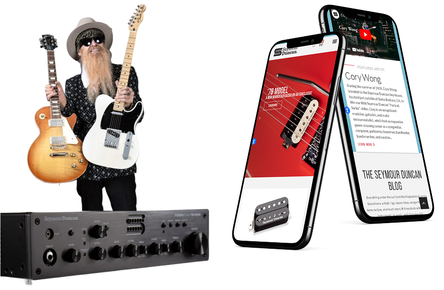 seymour duncan testimonial with iphone and guy with guitars on amp