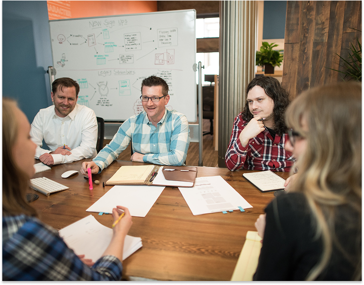 built mighty team at a conference table with whiteboard behind them discussing website design services 